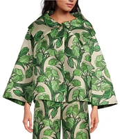 Buru Grace Printed Brocade Oversized Point Collar 3/4 Sleeve Cropped Coat