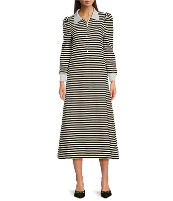 Buru Knit Rugby Stripe Contrast Point Collar Long Sleeve Button Front A-Line Midi Dress