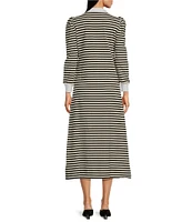 Buru Knit Rugby Stripe Contrast Point Collar Long Sleeve Button Front A-Line Midi Dress