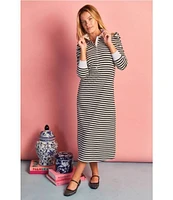 Buru Knit Rugby Stripe Contrast Point Collar Long Sleeve Button Front A-Line Midi Dress