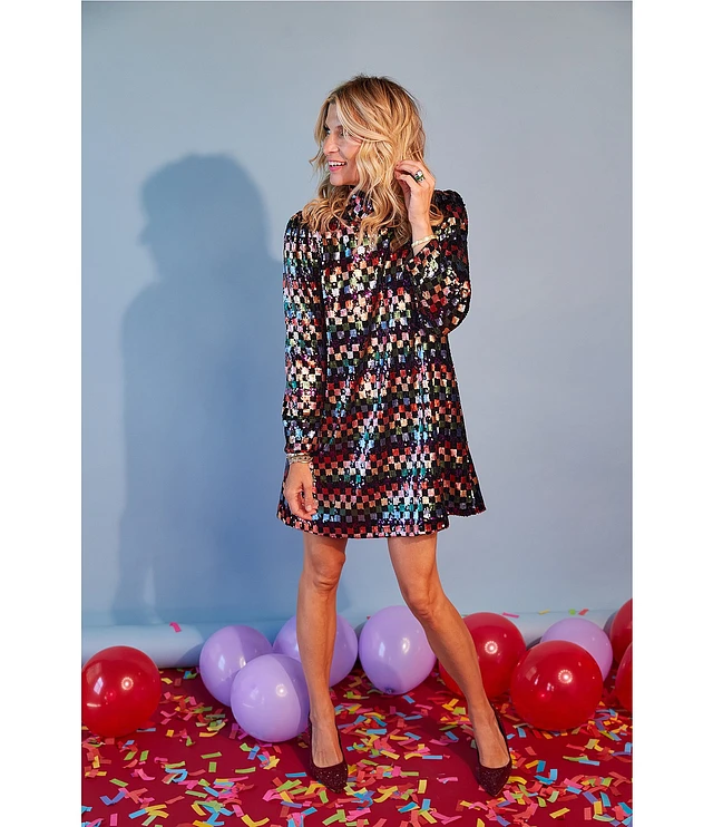Buru Knit Sequin Mock Neck Long Sleeve Mod Mini A-Line Dress | Liberty  Center