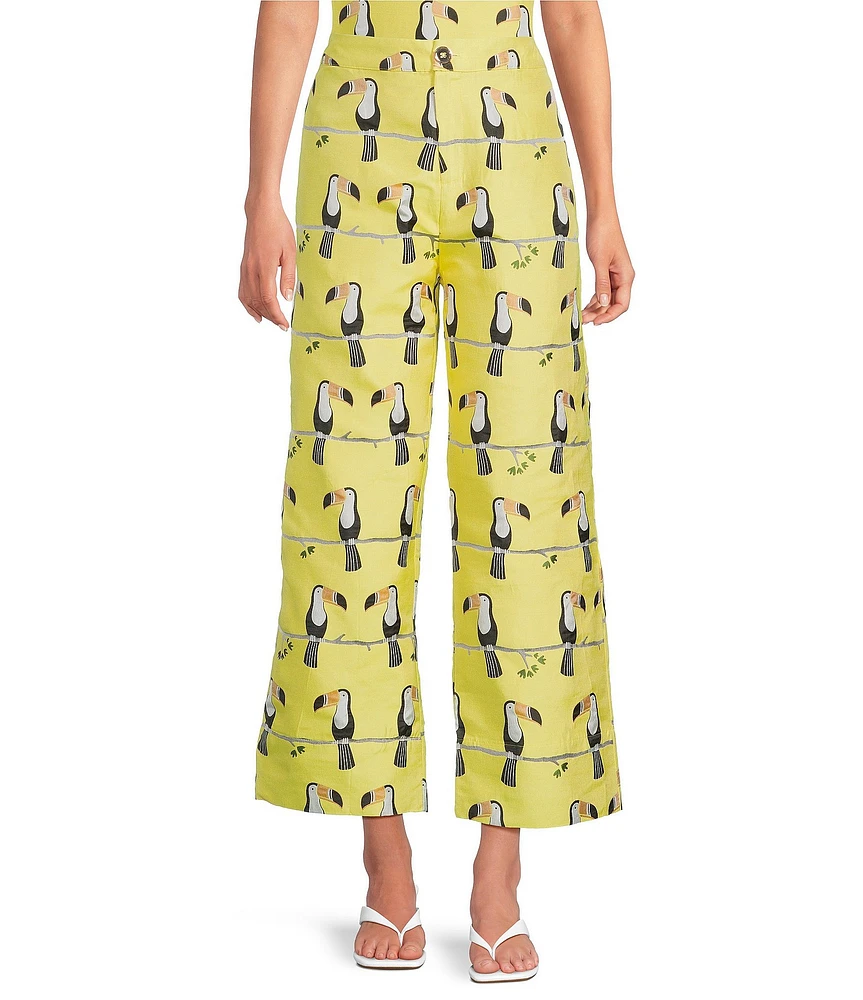 Buru Le Culotte Toucan Print Brocade High Rise Cropped Wide Leg Coordinating Pants