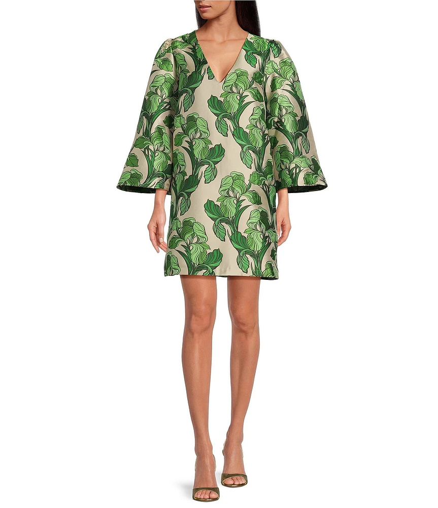 Buru Le V Mod Brocade V-Neckline Bell Sleeve Mini Dress