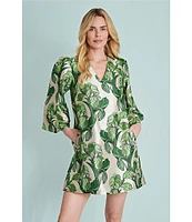 Buru Le V Mod Brocade V-Neckline Bell Sleeve Mini Dress