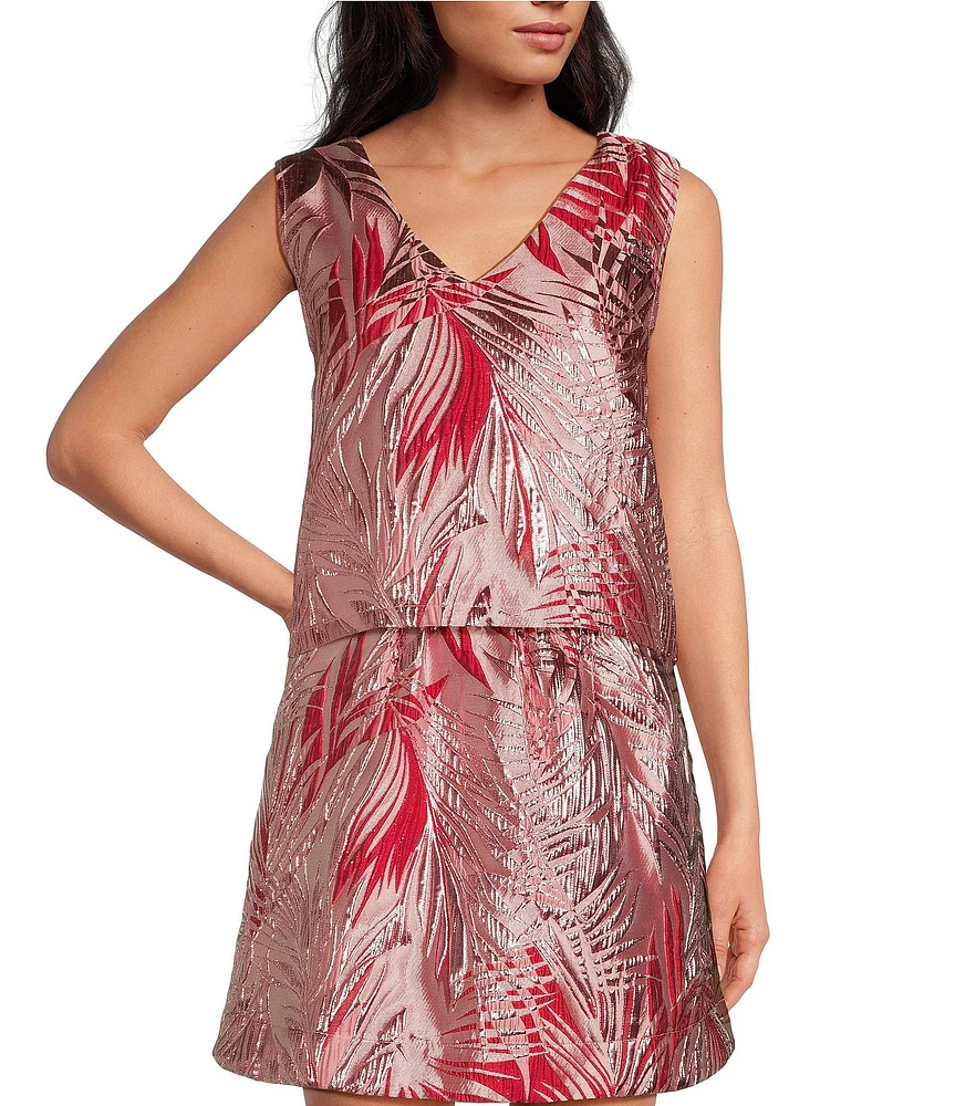 Buru Le V Mod Palm Brocade Cropped V-Neckline Sleeveless Coordinating Top