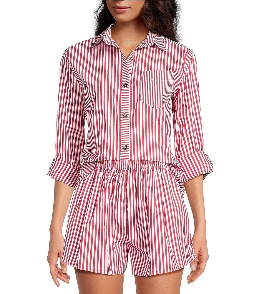 Buru Mel Stripe Print Mixed Button Down Long Sleeve Coordinating Shirt