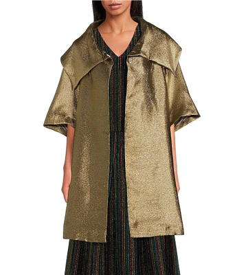 Buru Metallic Shimmer Wide Platter Point Collar 3/4 Sleeve Open Front Mid Length Topper Coat