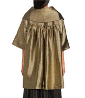 Buru Metallic Shimmer Wide Platter Point Collar 3/4 Sleeve Open Front Mid Length Topper Coat
