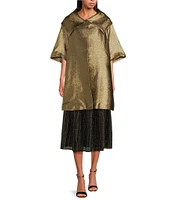 Buru Metallic Shimmer Wide Platter Point Collar 3/4 Sleeve Open Front Mid Length Topper Coat
