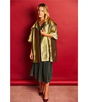 Buru Metallic Shimmer Wide Platter Point Collar 3/4 Sleeve Open Front Mid Length Topper Coat