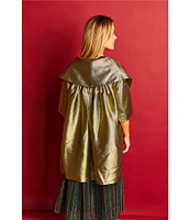 Buru Metallic Shimmer Wide Platter Point Collar 3/4 Sleeve Open Front Mid Length Topper Coat