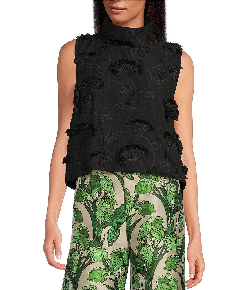 Buru Mod 3D Embroidered Mock Neck Cropped Sleeveless Cropped Top