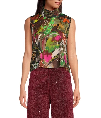 Buru Mod Woven Multi Floral Print Mock Neck Sleeveless Cropped Top