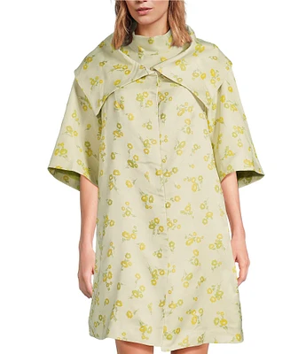 Buru Oversized Point Collar 3/4 Sleeve Side Pocket Floral Car Coat