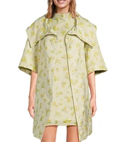 Buru Oversized Point Collar 3/4 Sleeve Side Pocket Floral Car Coat