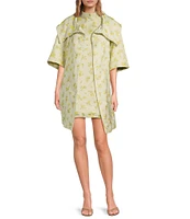 Buru Oversized Point Collar 3/4 Sleeve Side Pocket Floral Car Coat
