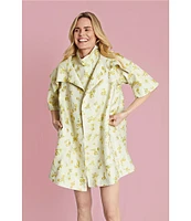 Buru Oversized Point Collar 3/4 Sleeve Side Pocket Floral Car Coat