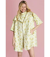 Buru Oversized Point Collar 3/4 Sleeve Side Pocket Floral Car Coat
