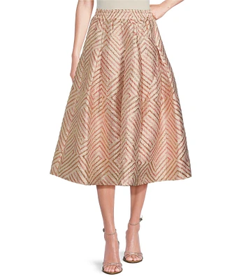 Buru Party Brocade Woven Shimmer High-Rise Pull-On Pocketed A-Line Coordinating Midi Skirt