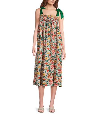 Buru Square Neck Tie Shoulder Strap Floral Print Square Neck Sleeveless Midi Dress