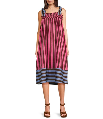 Buru Square Neck Tie Shoulder Strap Stripe Print Square Neck Sleeveless Midi Dress