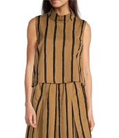 Buru Stripe Brocade Cropped Sleeveless Mock Neck Button Back Coordinating Boxy Top