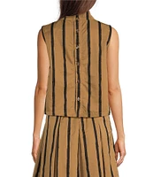 Buru Stripe Brocade Cropped Sleeveless Mock Neck Button Back Coordinating Boxy Top