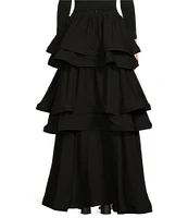 Buru Teagan Tiered Ruffle Full Length Side Seam Pocket A-Line Skirt