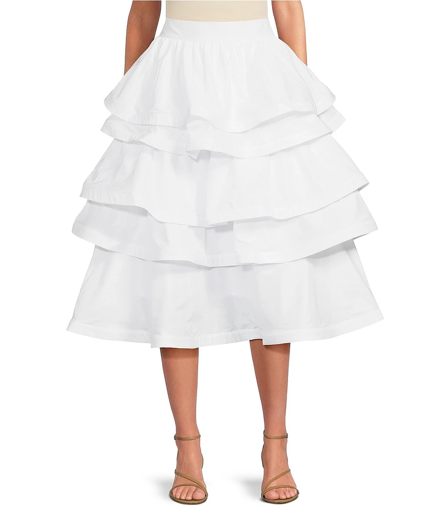 Buru Teagan Tiered Ruffle Midi Length Pocketed A-Line Skirt