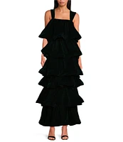 Buru Teagan Velvet Square Neck Wide Strap Tiered Ruffle A-Line Convertible Mini to Maxi Flounce Dress