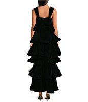 Buru Teagan Velvet Square Neck Wide Strap Tiered Ruffle A-Line Convertible Mini to Maxi Flounce Dress