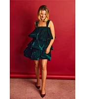 Buru Teagan Velvet Square Neck Wide Strap Tiered Ruffle A-Line Convertible Mini to Maxi Flounce Dress