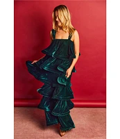 Buru Teagan Velvet Square Neck Wide Strap Tiered Ruffle A-Line Convertible Mini to Maxi Flounce Dress