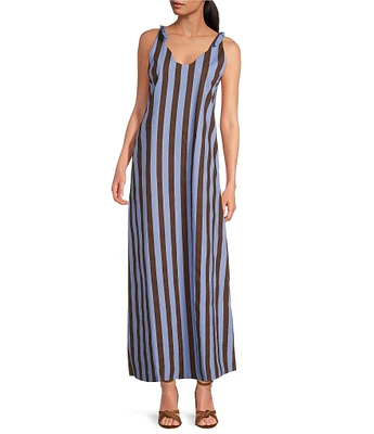 Buru Tie Shoulder Strap Stripe Print Scalloped V-Neck Maxi Dress