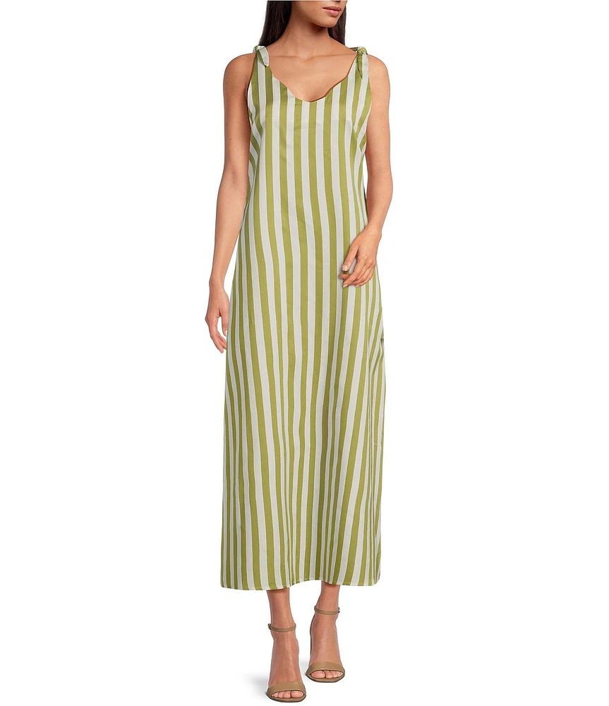 Buru Tie Shoulder Strap Stripe Print Scalloped V-Neck Maxi Dress
