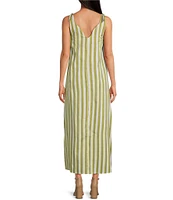 Buru Tie Shoulder Strap Stripe Print Scalloped V-Neck Maxi Dress
