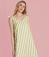 Buru Tie Shoulder Strap Stripe Print Scalloped V-Neck Maxi Dress