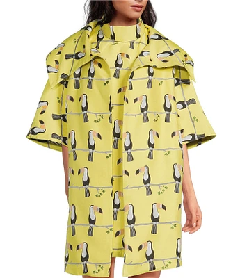 Buru Toucan Print Oversized Point Collar 3/4 Sleeve Side Pocket Car Coat