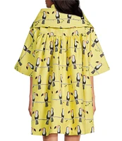 Buru Toucan Print Oversized Point Collar 3/4 Sleeve Side Pocket Car Coat