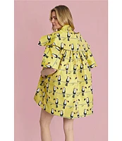 Buru Toucan Print Oversized Point Collar 3/4 Sleeve Side Pocket Car Coat
