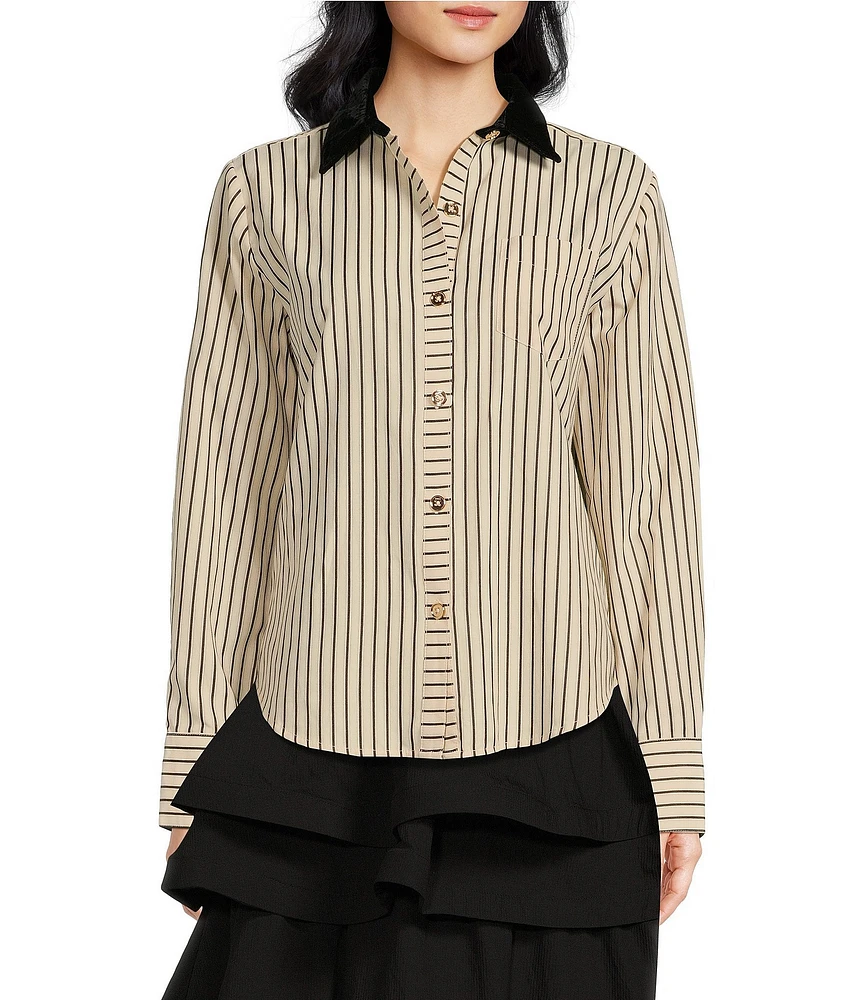 Buru Velvet Striped Contrast Collar Long Sleeve Button Front Blouse