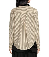 Buru Velvet Striped Contrast Collar Long Sleeve Button Front Blouse