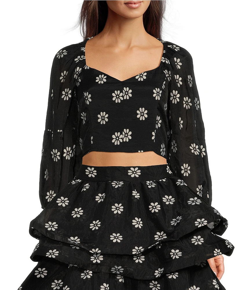 Buru Woven Brocade Floral Print Sweetheart Neck Long Balloon Sleeve Smocked Keyhole Back Cropped Coordinating Bustier Top