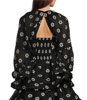 Buru Woven Brocade Floral Print Sweetheart Neck Long Balloon Sleeve Smocked Keyhole Back Cropped Coordinating Bustier Top