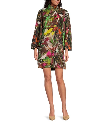 Buru Woven Floral Print Mock Neck Adjustable Long Bell Sleeve Button Back A-Line Mini Dress