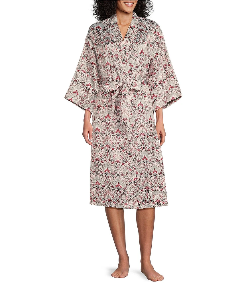 Cabernet Damask Print Satin Tie Waist Short Wrap Robe