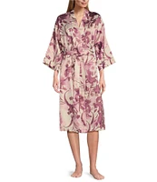 Cabernet Floral Print 3/4 Sleeve Woven Satin Short Robe