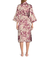 Cabernet Floral Print 3/4 Sleeve Woven Satin Short Robe