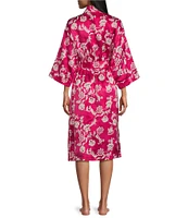 Cabernet Floral Print Kimono Sleeve Notch Collar Satin Short Robe