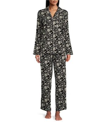 Cabernet Floral Print Long Sleeve Notch Collar Coordinating Knit Pajama Set